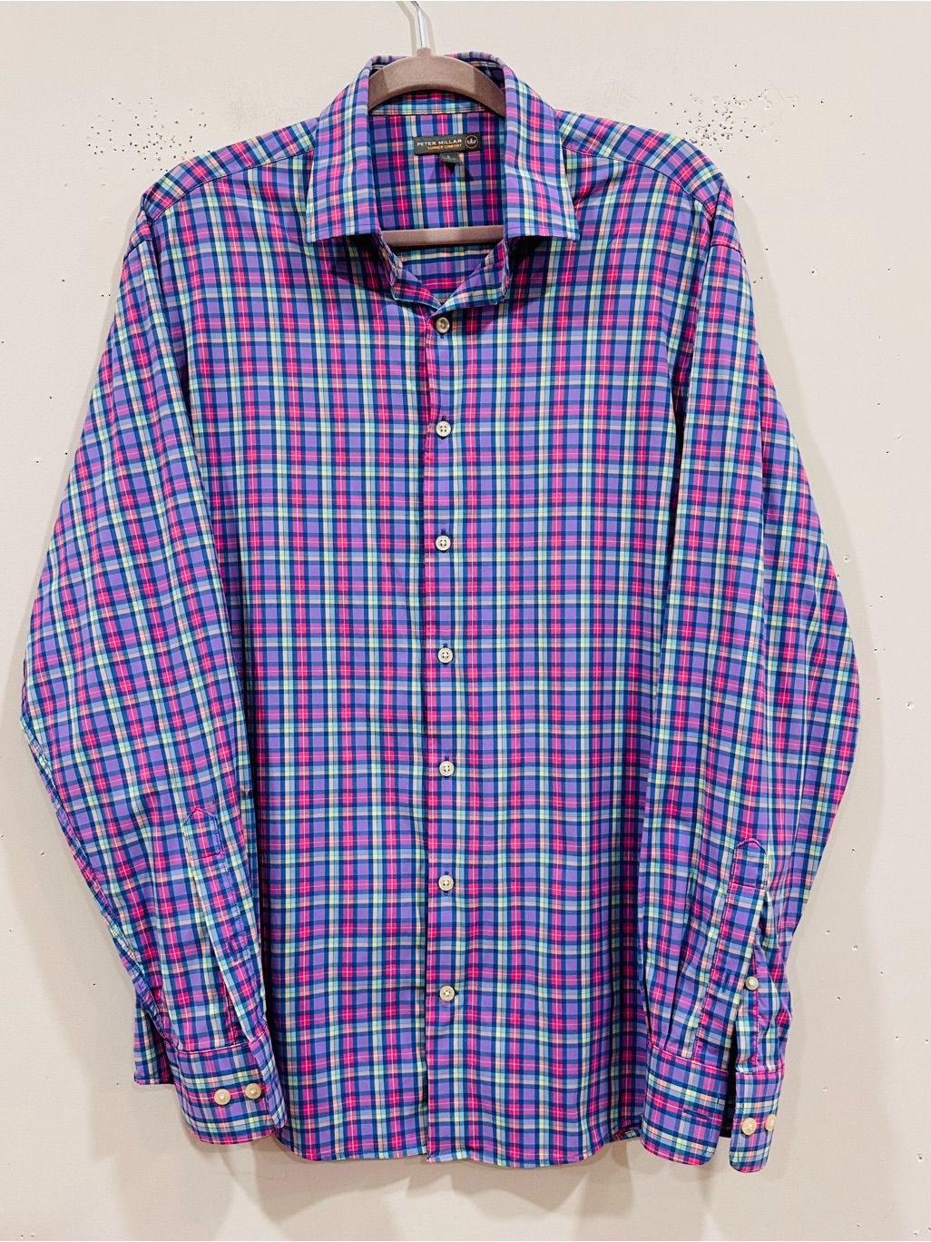 Peter Millar Shirt Mens Size L Purple Nylon Stretch Plaid Summer Comfort
